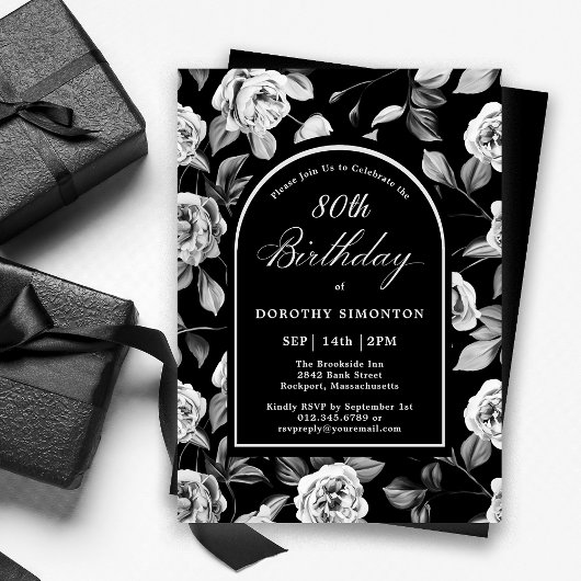 Invitation Arc floral noir blanc Rose 80e anniversaire