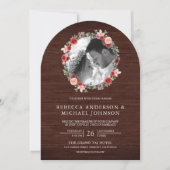 Invitation Arc floral rose vierge bordeaux Photo Mariage bois (Devant)