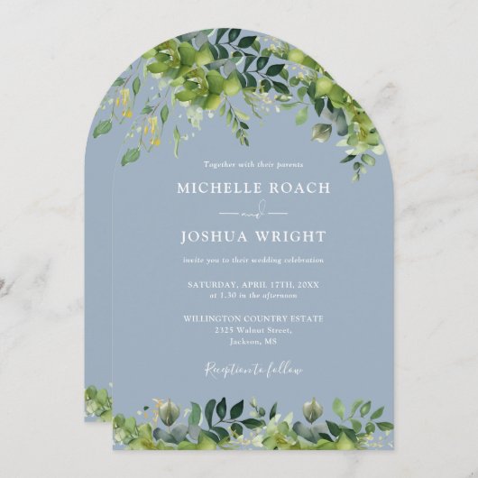 Invitation Arc floral vert Dusty bleu QR Code Mariage (Devant / Derrière)