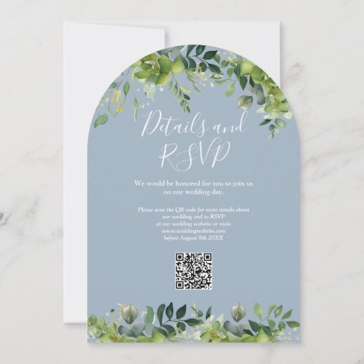 Invitation Arc floral vert Dusty bleu QR Code Mariage (Dos)