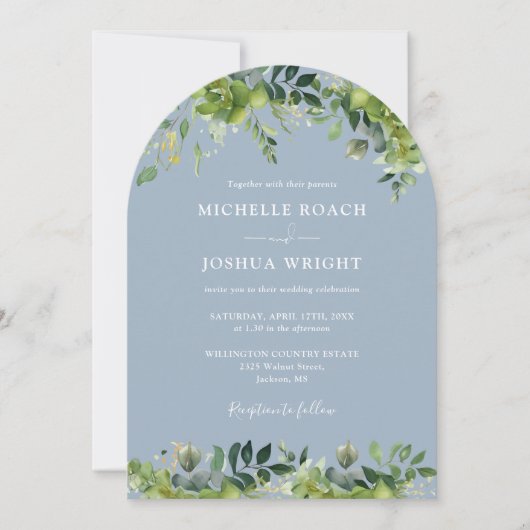 Invitation Arc floral vert Dusty bleu QR Code Mariage (Devant)