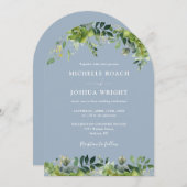 Invitation Arc floral vert Dusty Blue Monogram Mariage (Devant / Derrière)