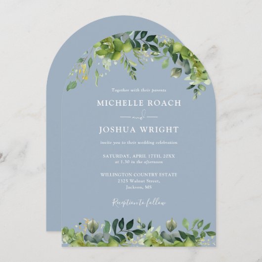 Invitation Arc floral vert Dusty Blue Monogram Mariage (Devant / Derrière)