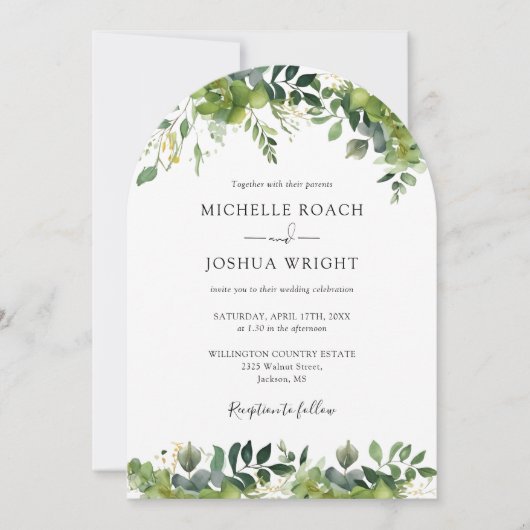 Invitation Arc floral vert moderne QR Code Mariage (Devant)