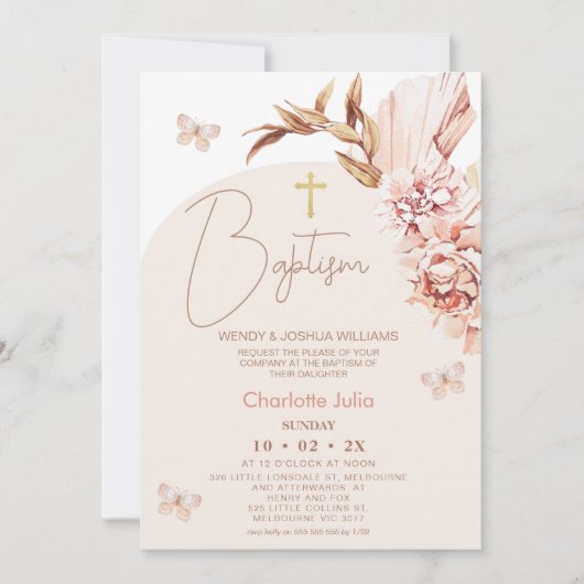 Invitation Arc flou moderne Boho Floral Baptême (Devant)