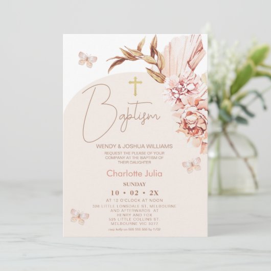 Invitation Arc flou moderne Boho Floral Baptême (Debout devant)