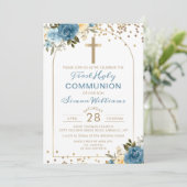 Invitation Arc Gold Dusky Blue Floral Première Communion Sain (Debout devant)