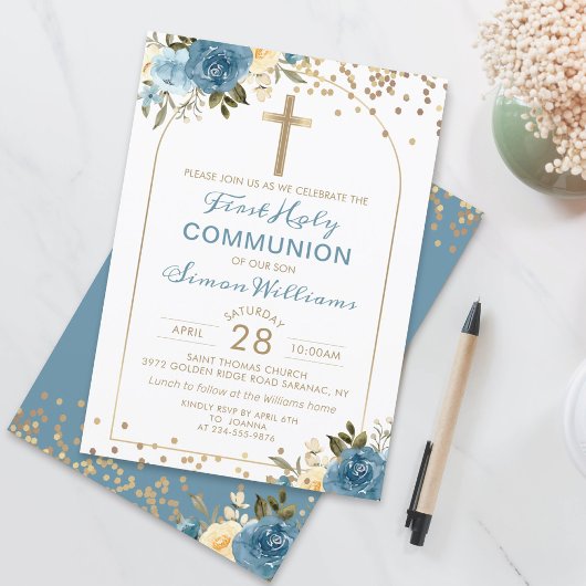 Invitation Arc Gold Dusky Blue Floral Première Communion Sain