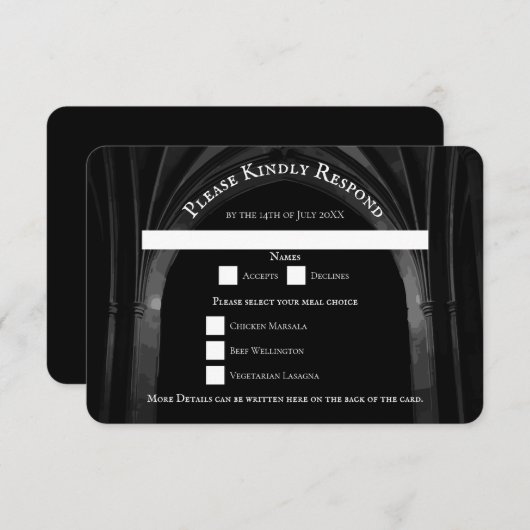 Invitation Arc gothique Mariage élégant Noir et Blanc foncé (Devant / Derrière)