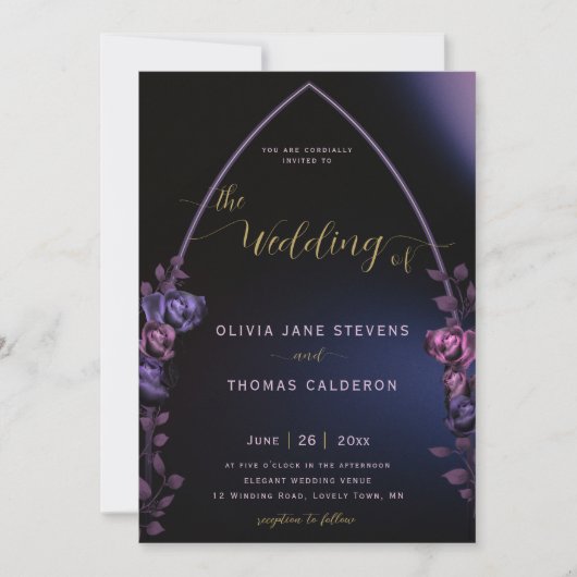 Invitation Arc gothique Moody violet Rose Chic Floral Mariage (Devant)