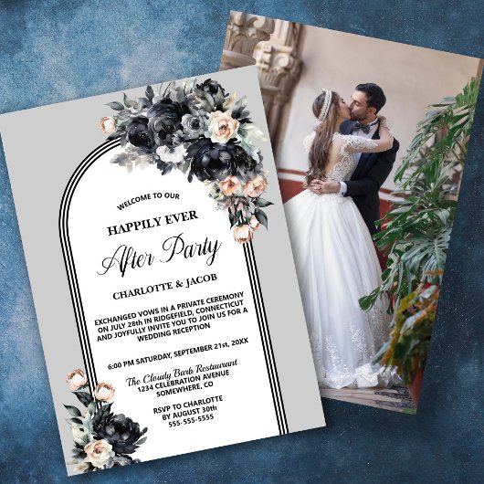 Invitation Arc gris floral noir Mariage après la fête