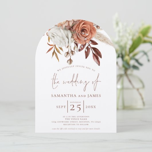 Invitation Arc Mariage Boho Terracotta Florals QR Code (Debout devant)