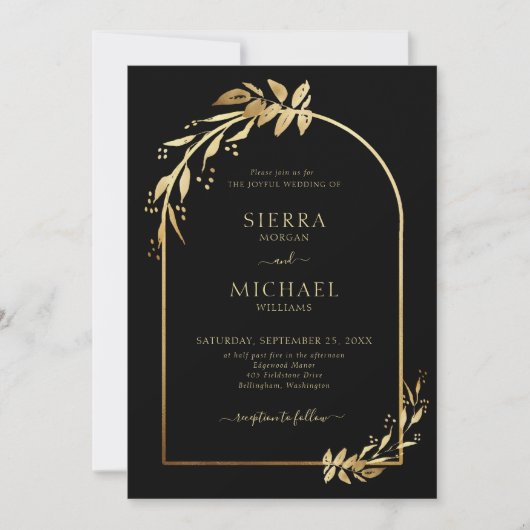 Invitation Arc Mariage Chic Noir Or Eucalyptus Foliage (Devant)