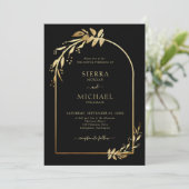 Invitation Arc Mariage Chic Noir Or Eucalyptus Foliage (Debout devant)