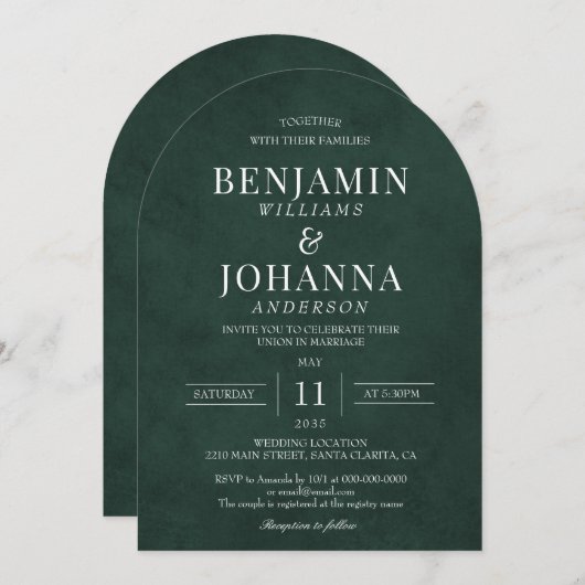 Invitation Arc Mariage classique élégant en forêt verte (Devant / Derrière)