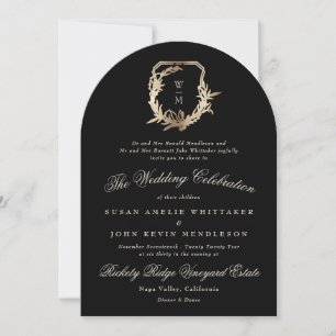 Invitation Arc Mariage de couronne d'or de monogramme noir