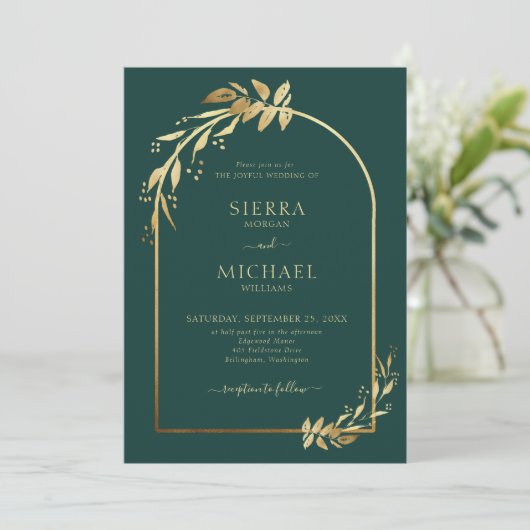 Invitation Arc Mariage Emerald Green Gold Eucalyptus (Debout devant)