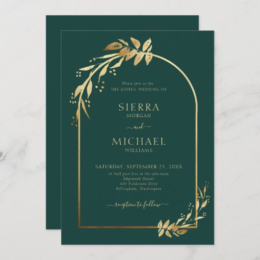 Invitation Arc Mariage Emerald Green Gold Eucalyptus (Devant / Derrière)