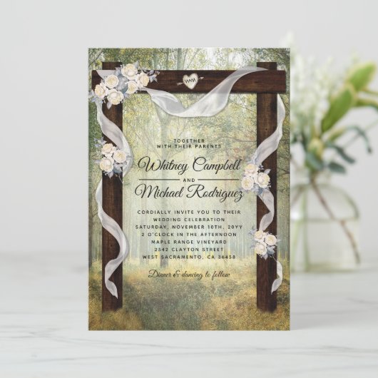 Invitation Arc Mariage en bois rustique enchanté (Debout devant)