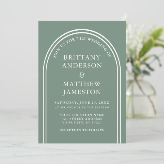 Invitation Arc Mariage moderne élégant Sage Green (Debout devant)