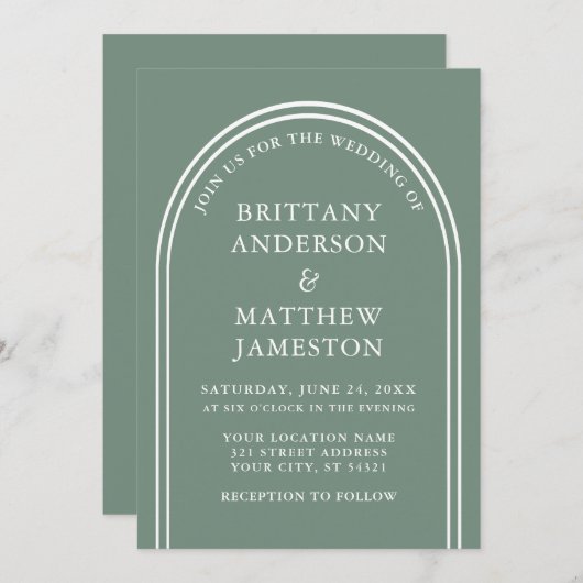 Invitation Arc Mariage moderne élégant Sage Green (Devant / Derrière)