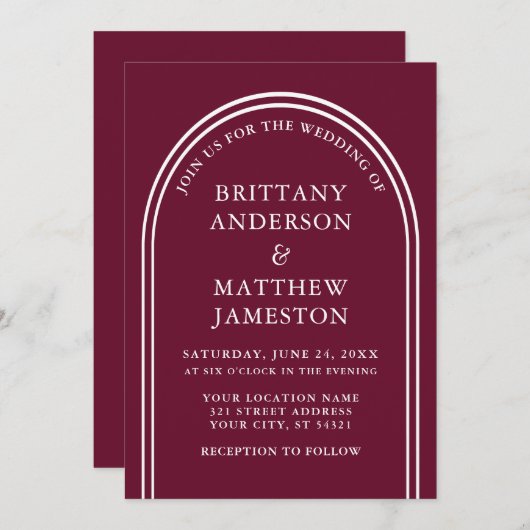 Invitation Arc Mariage moderne et élégant Bourgogne (Devant / Derrière)