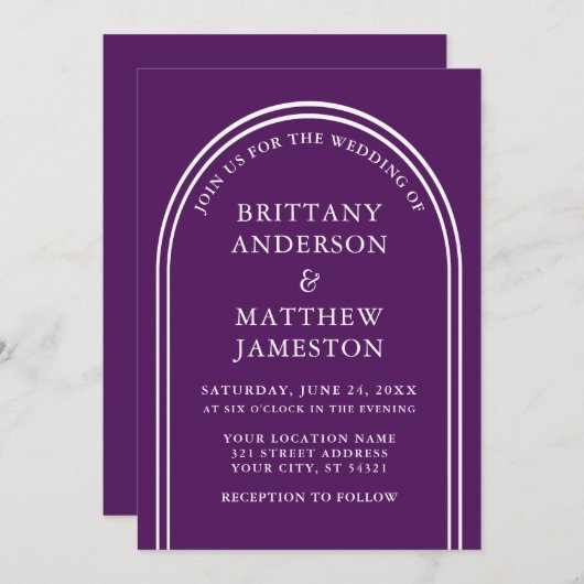 Invitation Arc Mariage violet moderne et élégant (Devant / Derrière)