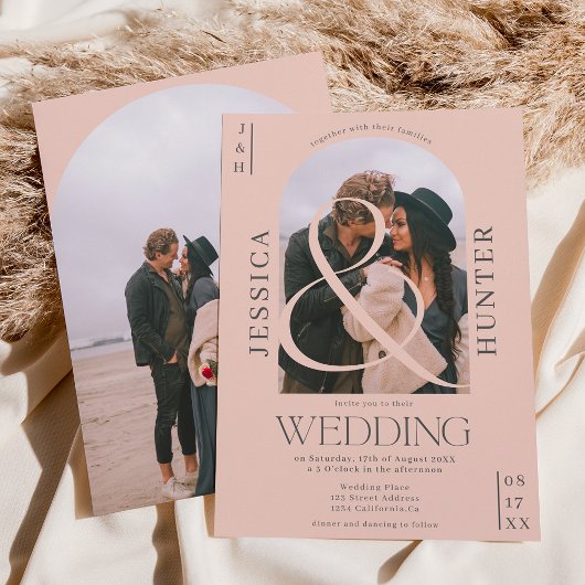 Invitation Arc moderne Boho 2 photos mariage rose pâle