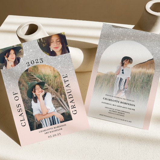 Invitation Arc moderne boho argent rose 4 graduation photo