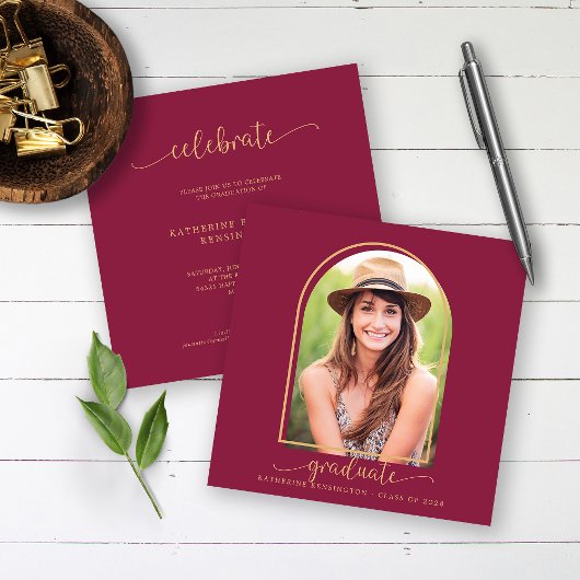 Invitation Arc moderne Bourgogne Gold Photo Graduation