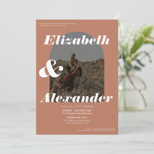 Invitation Arc moderne chute terre cuite photo retro mariage (Debout devant)