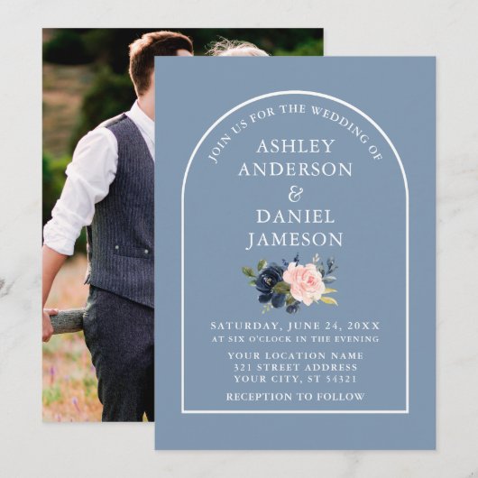 Invitation Arc moderne Dusty Blue Rose Floral Mariage photo (Devant / Derrière)