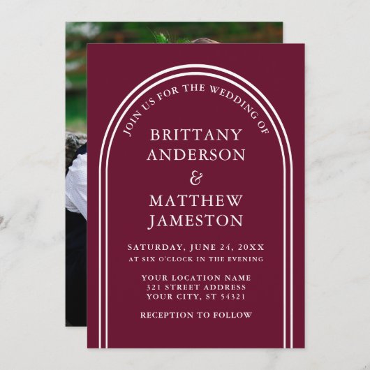 Invitation Arc moderne élégant Mariage Bourgogne photo (Devant / Derrière)