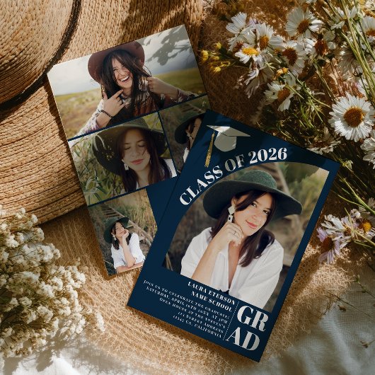 Invitation Arc moderne marine bleu 5 photos graduation