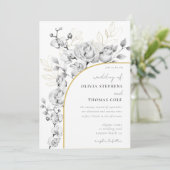 Invitation Arc moderne Noir Blanc Or Floral Mariage Wreath (Debout devant)