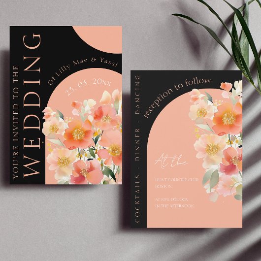 Invitation Arc moderne Orange Peach et Black Floral Mariage