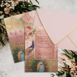 Invitation Arc moderne Peacock Peony Flowers Fête des mariées<br><div class="desc">Des paons peints d'aquarelle et d'une finesse exceptionnelle, aux fleurs de pivoines roses rousses, dans une couleur or rose chaleureuse, créent une Fête des mariées élégante, sophistiquée et romantique. La typographie comprend une police Art Déco, de style Art Nouveau qui dit : "Vous êtes invité à une Fête des mariées."...</div>