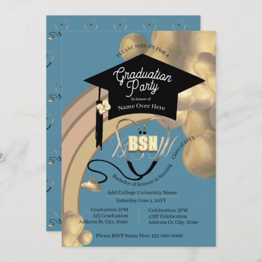 Invitation Arc Neutre Boho Moderne Bleu Infirmière Grad Party (Devant / Derrière)