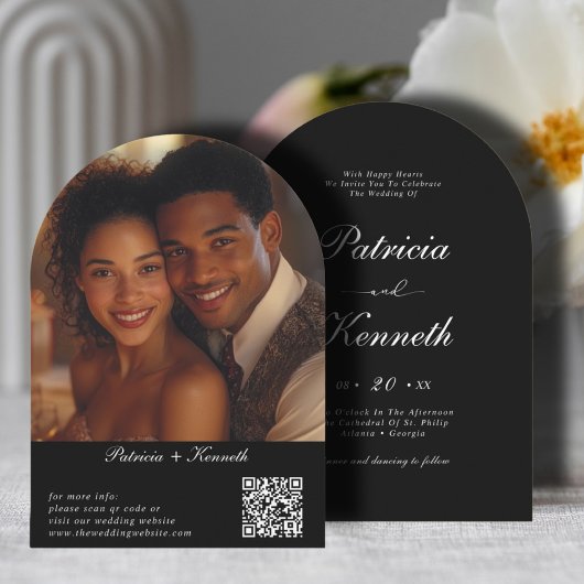 Invitation Arc noir & blanc moderne QR Code Mariage Photo