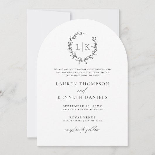 Invitation Arc noir blanc Monogramme QR Code Mariage classiqu (Devant)