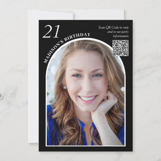 Invitation Arc noir blanc photo QR Code 21e anniversaire (Devant)