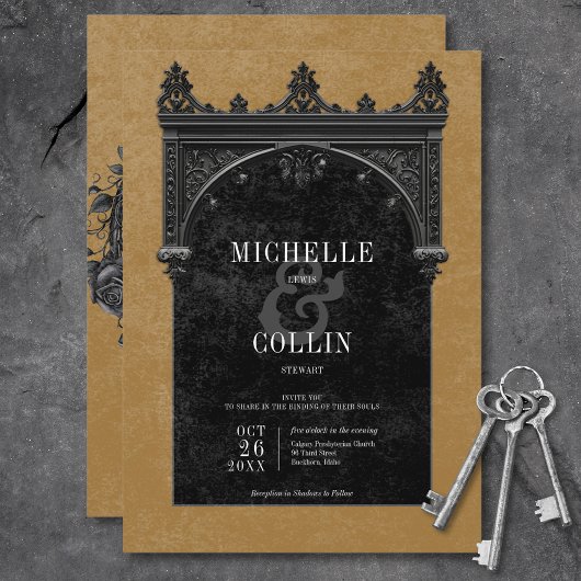 Invitation Arc noir gothique et Rose noir Mariage or