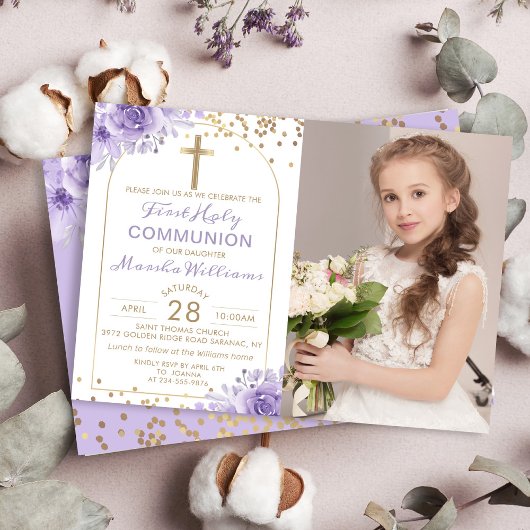 Invitation Arc Or Purple Floral First Holy Communion Photo