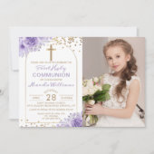 Invitation Arc Or Purple Floral First Holy Communion Photo (Devant)