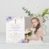 Invitation Arc Or Purple Floral First Holy Communion Photo (Debout devant)