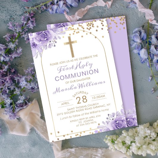Invitation Arc Or Purple Floral Première Communion Sainte