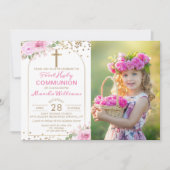 Invitation Arc Or rose Floral Premier Sainte Communion Photo (Devant)