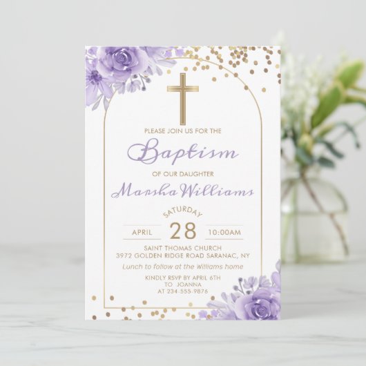 Invitation Arc Parties scintillant or violet Floral Girl Bapt (Debout devant)
