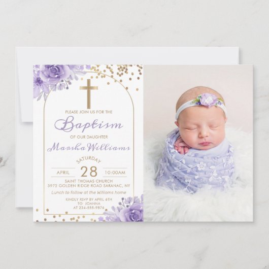 Invitation Arc Parties scintillant or violet Floral Girl Bapt (Devant)