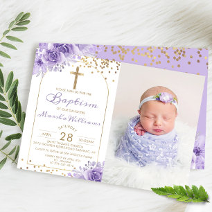 Invitation Arc Parties scintillant or violet Floral Girl Bapt